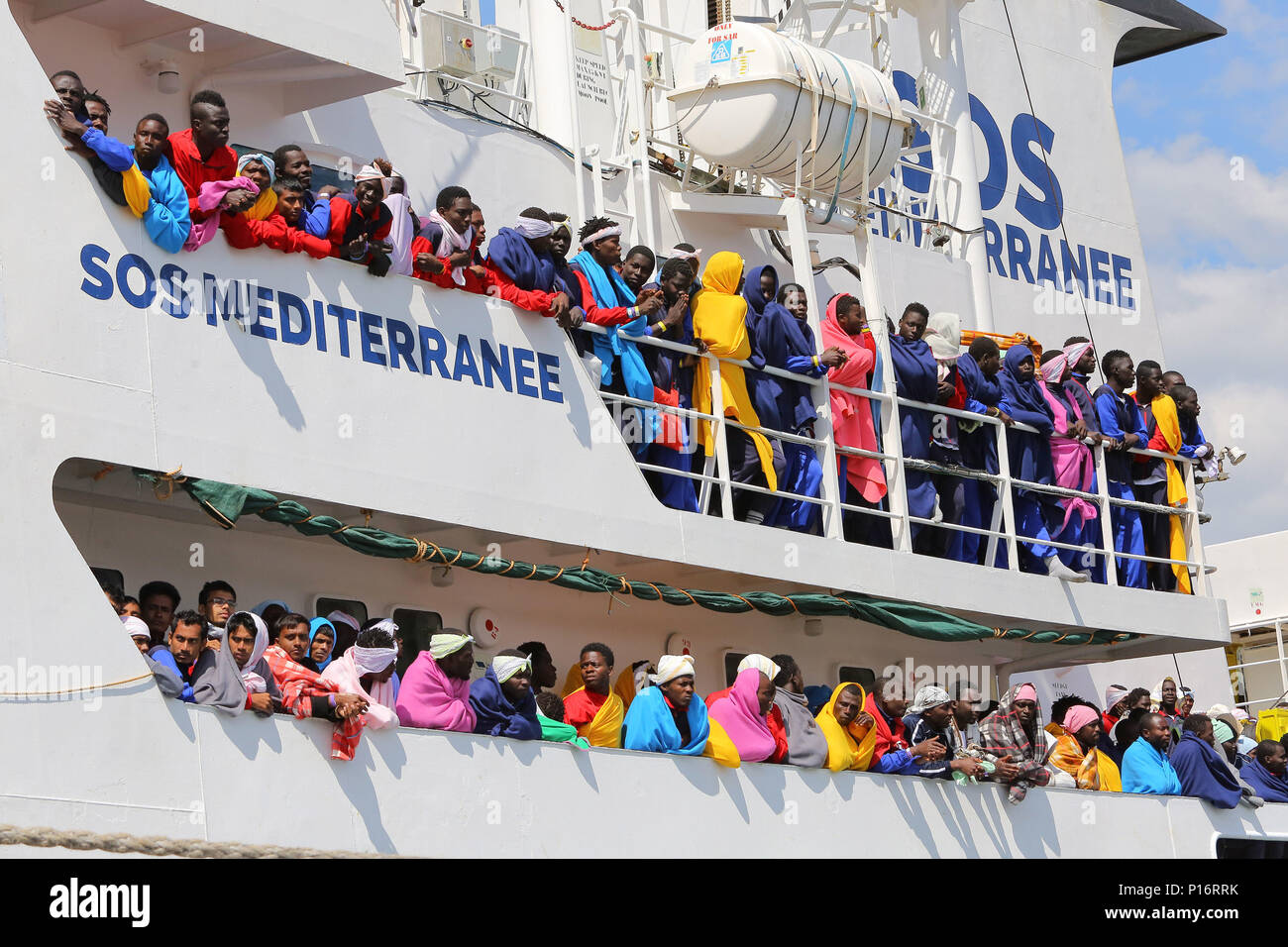 Salerno, the phases of disembarkation from the rescue ship Aquarius managed by the NGO SOS Mediterranee and Doctors Without Borders in the port of Salerno with 1004 migrants including 240 children rescued