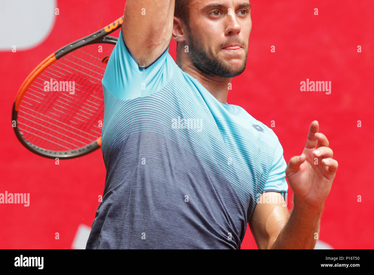 Serbian tennis player LASLO DERE in action during the final match of the  MONETA Czech Open - ATP CHALLENGER TOUR in Prostejov, Czech Republic, on  June 9, 2018. (CTK Photo/Petr Sznapka Stock