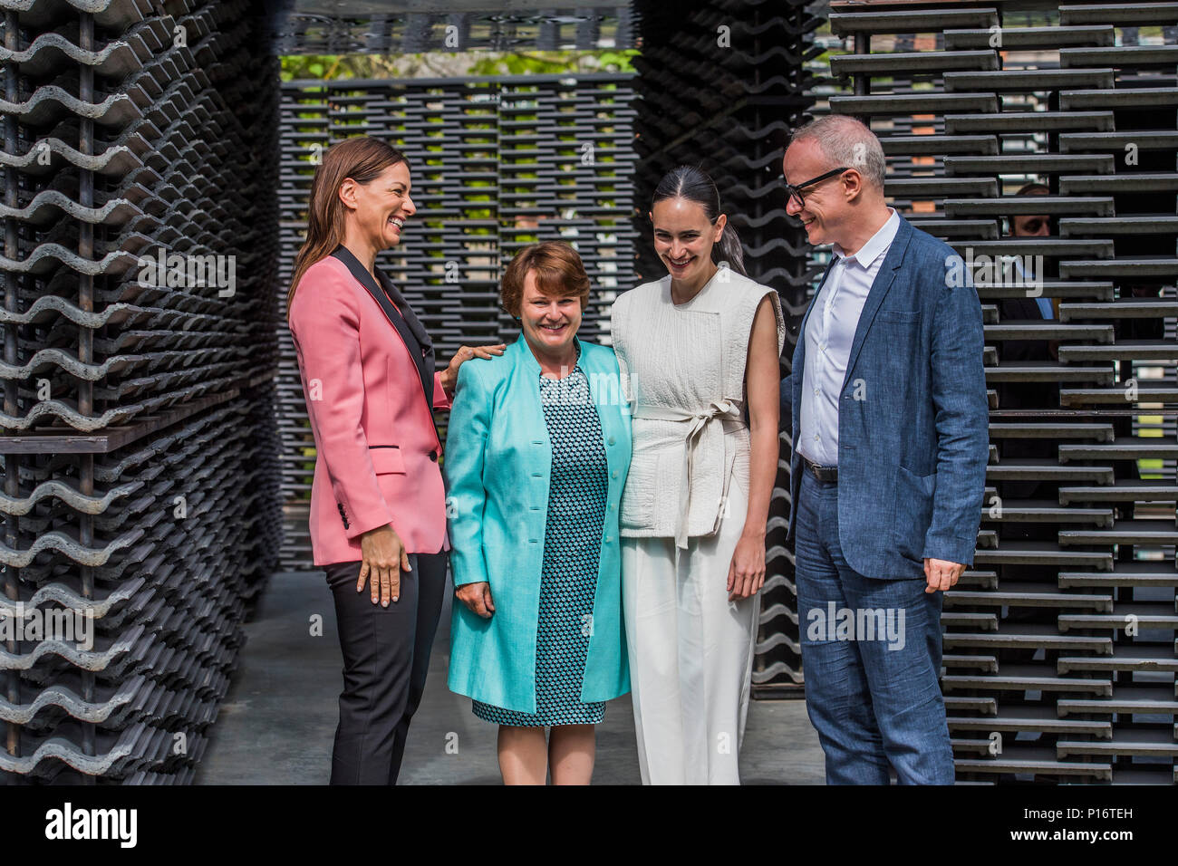 London, UK. 11th June 2018. Yana peel, CEO Serpentine Gallery, Sally Boyle, Goldman Sachs,Frida Escobedo, the architect,  Hans Ulrich,Obvist, artisitic Director Serpentine Galleries - Serpentine Pavilion 2018, designed by the Mexican architect Frida Escobedo. The courtyard-based design draws on both the domestic architecture of Mexico and British materials. It is alligned the Prime Meridian line at London’s Royal Observatory in Greenwich. Credit: Guy Bell/Alamy Live News Stock Photo