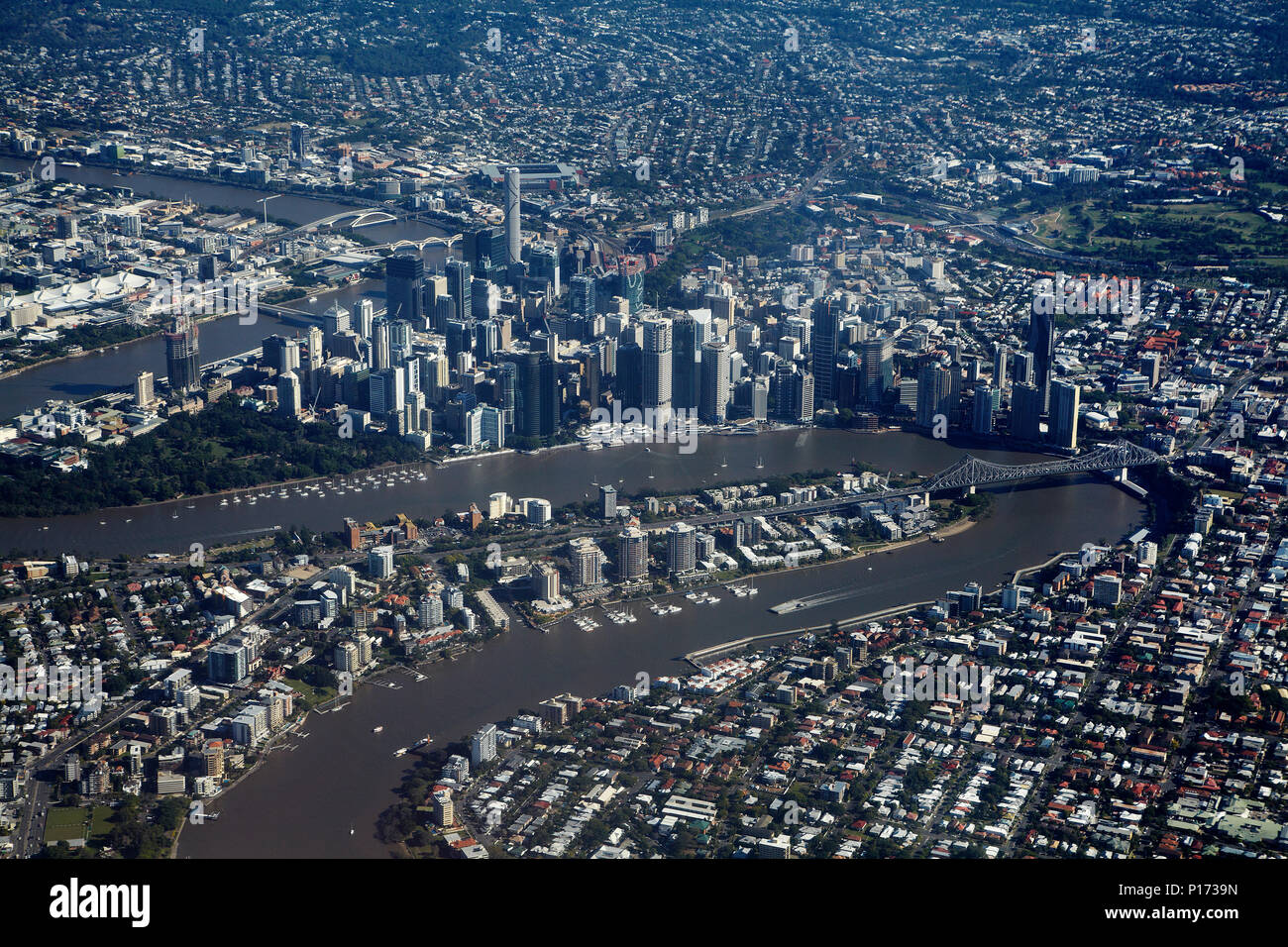 Brisbane River, Story Bridge, and Brisbane CBD, Queensland, Australia - aerial Stock Photo