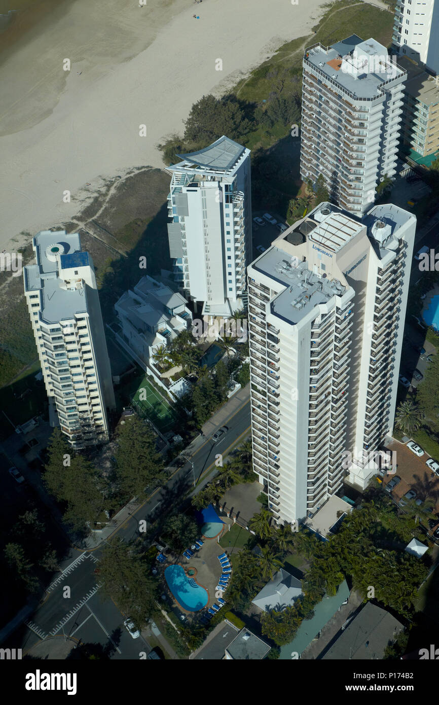 View of apartments and beach from Q1 Skyscraper, Surfers Paradise, Gold Coast, Queensland, Australia Stock Photo