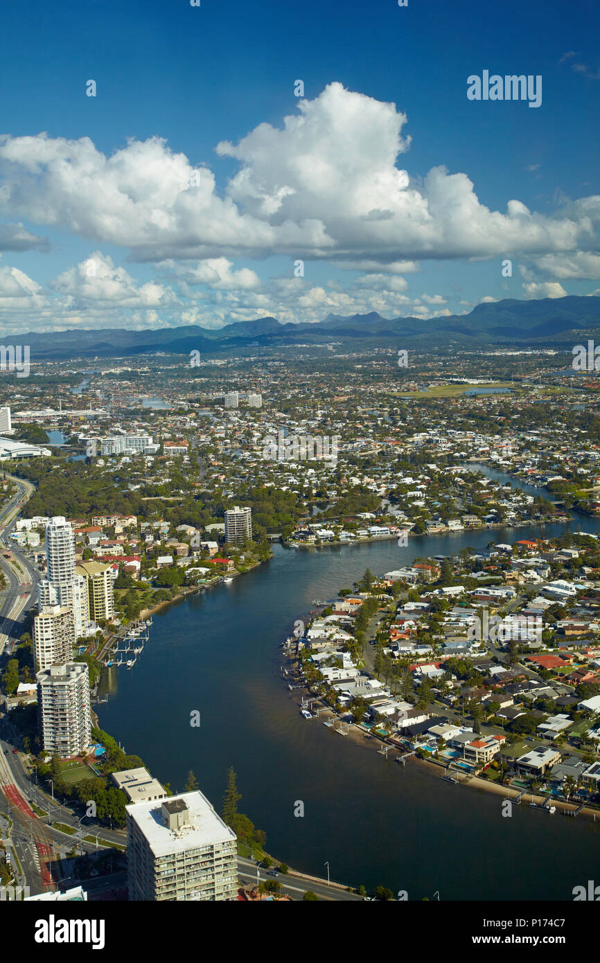 Nerang River viewed from Q1 Skyscraper, Surfers Paradise, Gold Coast, Queensland, Australia Stock Photo