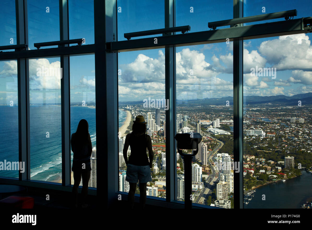 Tourists looking at view From Q1 Skyscraper, Surfers Paradise, Gold Coast, Queensland, Australia (model released) Stock Photo