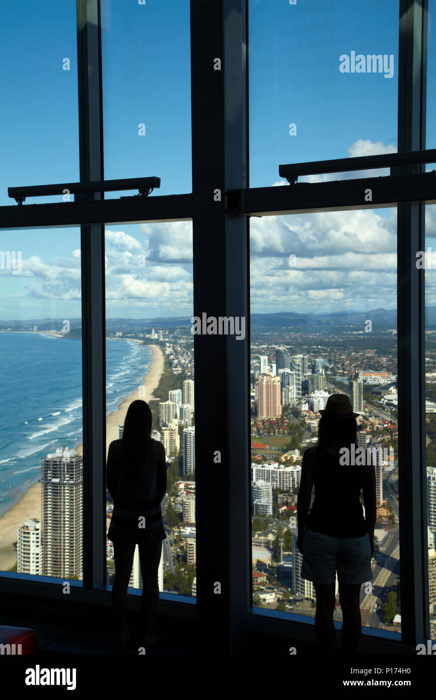 Tourists looking at view From Q1 Skyscraper, Surfers Paradise, Gold Coast, Queensland, Australia (model released) Stock Photo