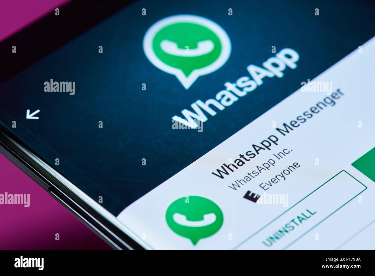 New york, USA - June 10, 2018: Whatsapp messenger application on android smartphone screen close up view Stock Photo