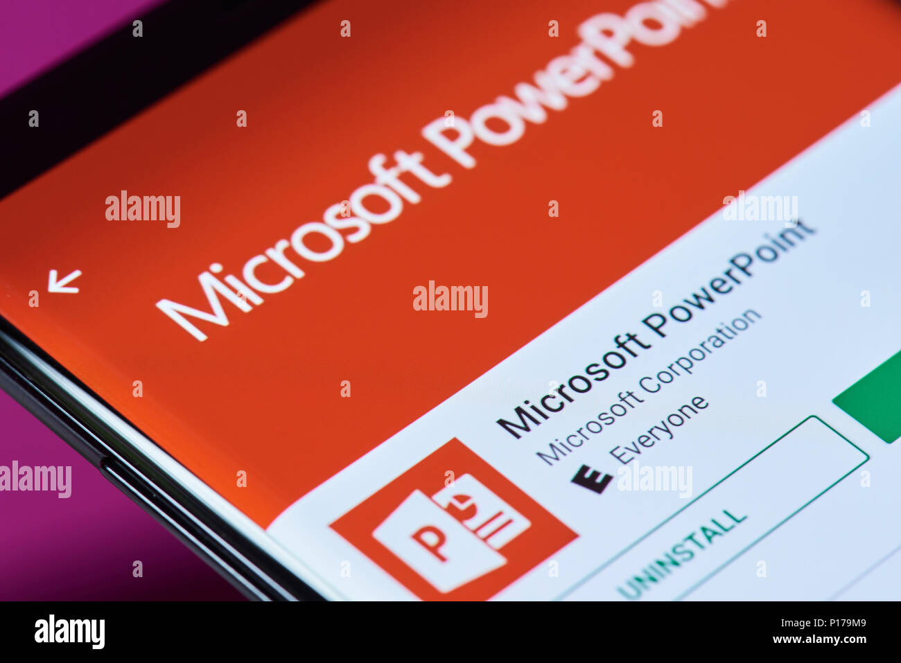 New york, USA - June 10, 2018: Microsoft powerpoint application on android smartphone screen close up view Stock Photo