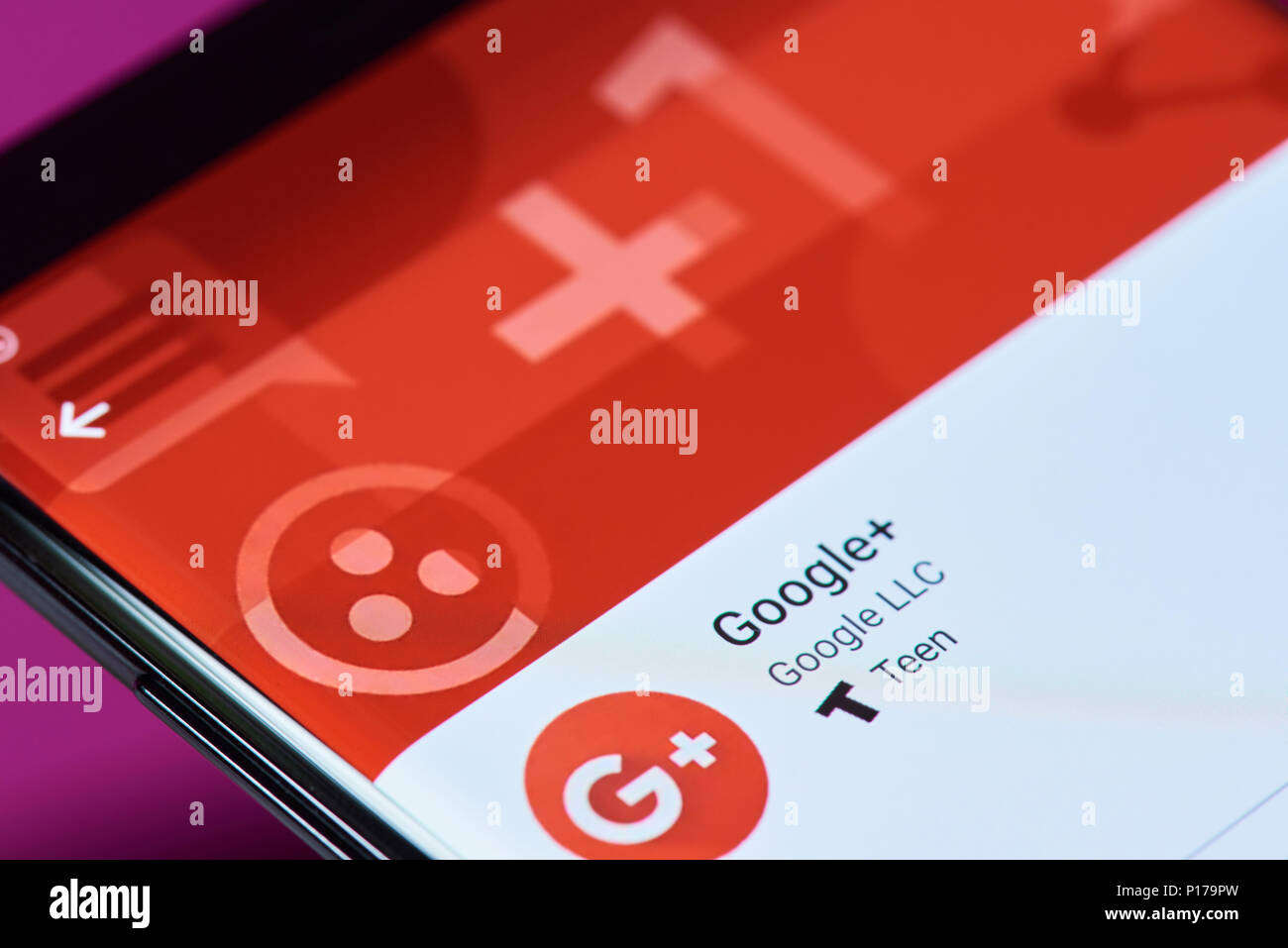 New york, USA - June 10, 2018: Google plus social media on android smartphone screen close up view Stock Photo