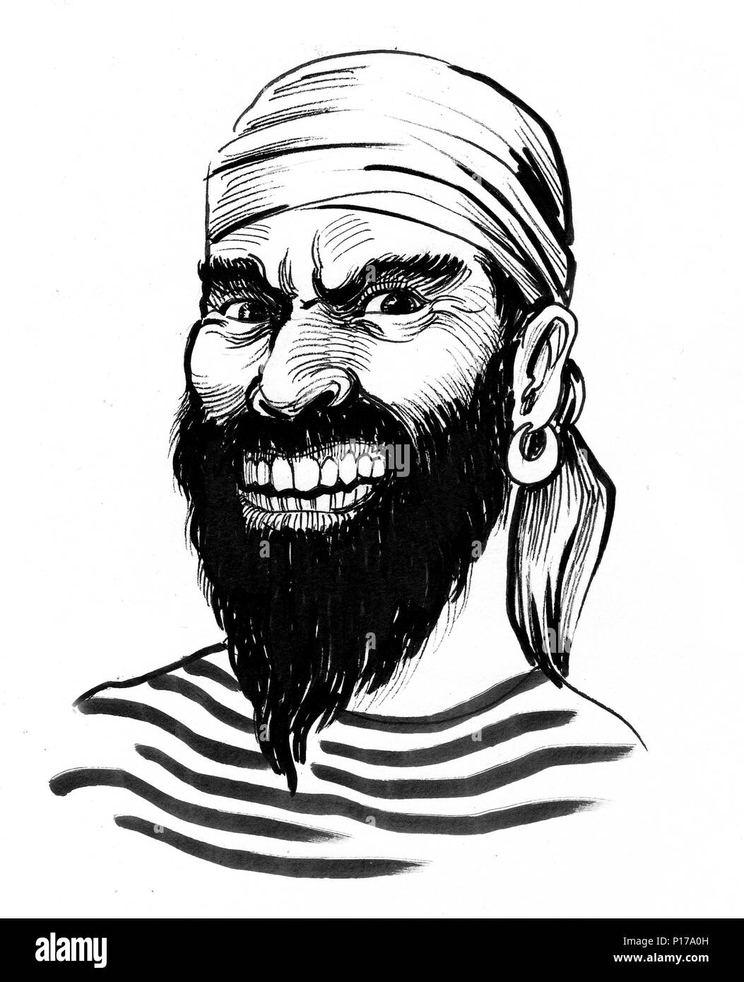 Mad pirate face. Ink black and white drawing Stock Photo