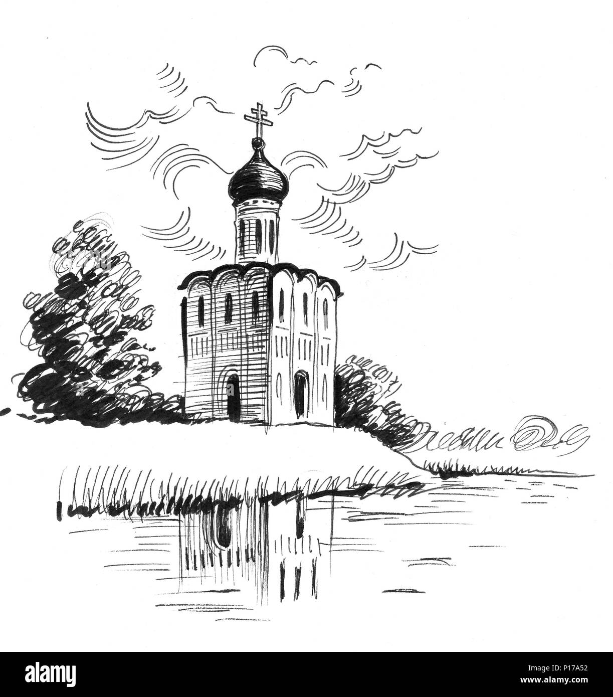 Russian Orthodox Church. ink black and white illustration Stock Photo