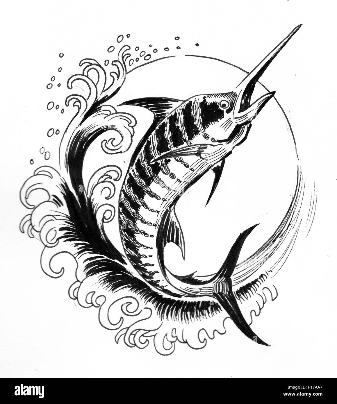 Swordfish in the sea wave. Ink black and white drawing Stock Photo