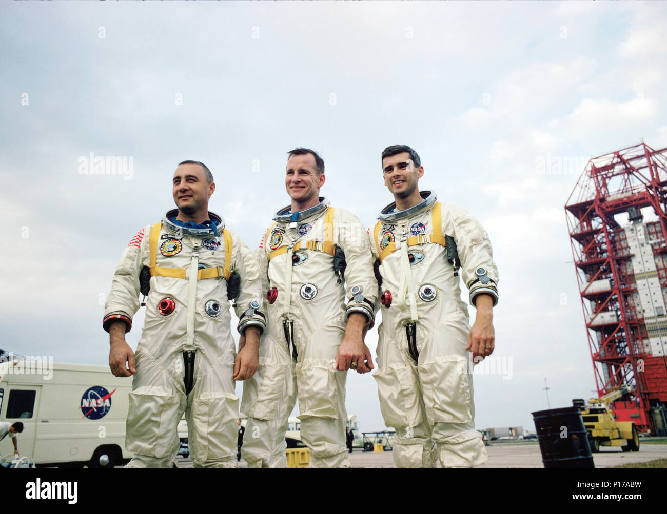The prime crew of Apollo 1, Virgil I (Gus) Grissom, Edward H. White, II, and Roger B. Chaffee, during training in Florida. On January 27, 1967, the crew was killed when a fire erupted in their capsule during testing. Apollo 1 was originally designated AS- 204 but following the fire, the astronauts’ widows requested that the mission be remembered as Apollo 1 and following missions would be numbered subsequent to the flight that never made it into space. Stock Photo
