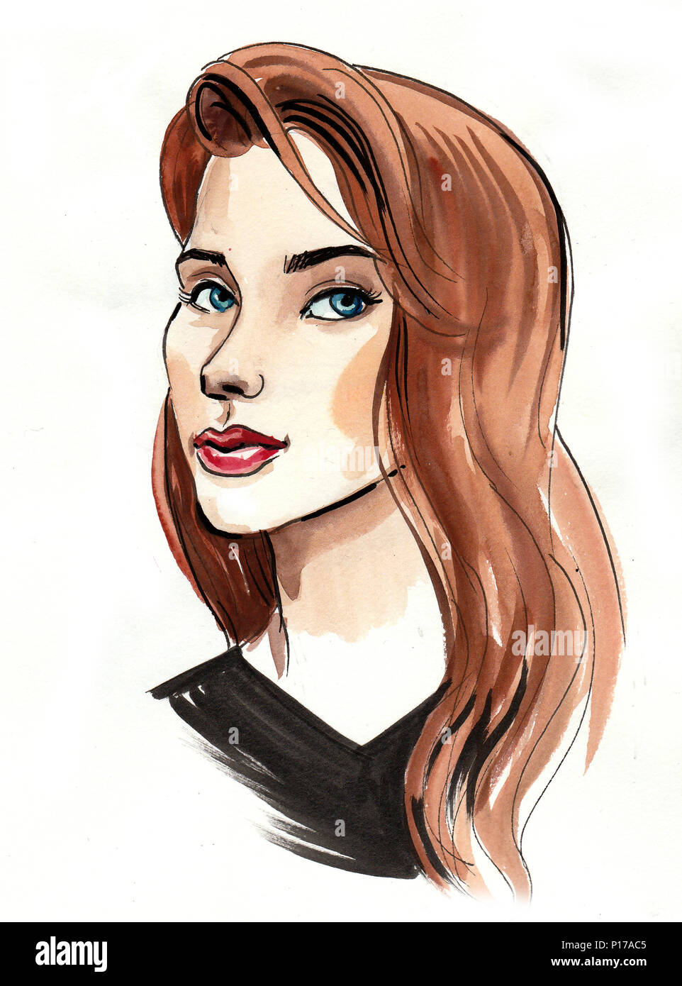 Watercolor sketch of a pretty woman with a long brown hair Stock Photo ...