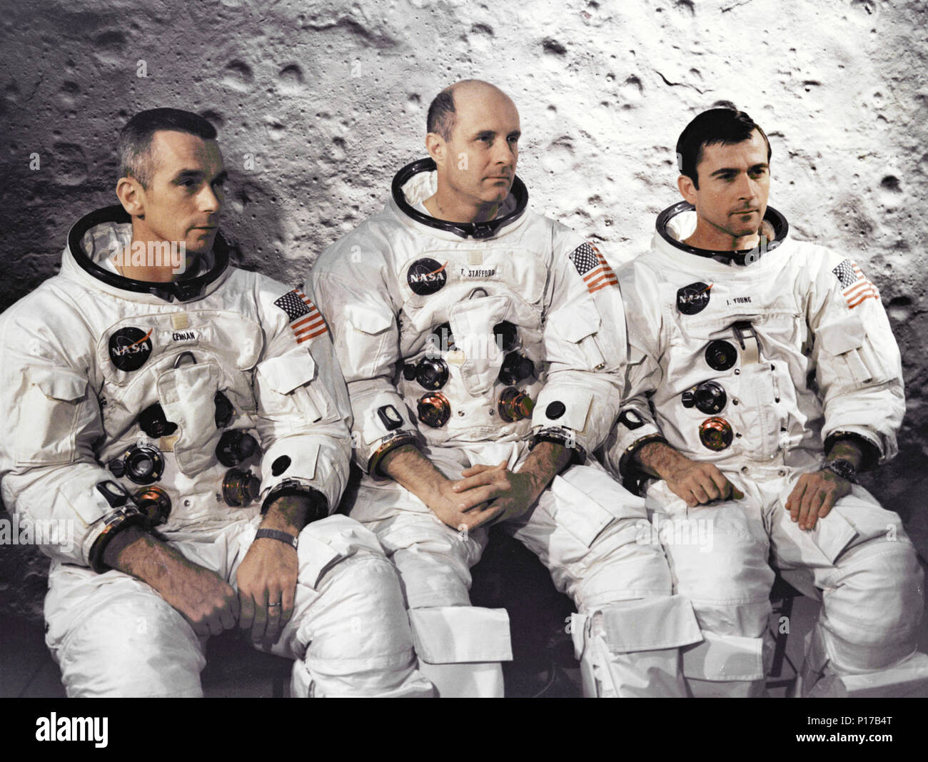 The prime crew of the Apollo 10 lunar orbit mission at the Kennedy Space Center. They are from left to right: Lunar Module pilot, Eugene A. Cernan, Commander, Thomas P. Stafford, and Command Module pilot John W. Young. Stock Photo