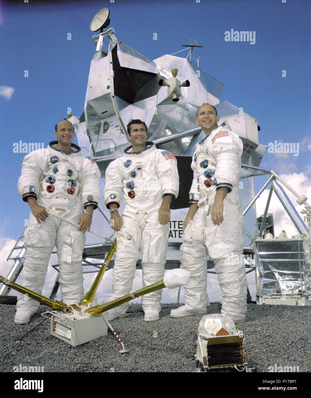Portrait of the prime crew of the Apollo 12 lunar landing mission. From left to right they are: Commander, Charles 'Pete' Conrad Jr. Command Module pilot, Richard F. Gordon Jr. and Lunar Module pilot, Alan L.Bean. The Apollo 12 mission was the second lunar landing mission in which the third and fourth American astronauts set foot upon the Moon. This mission was highlighted by the Lunar Module nicknamed 'Intrepid' landing within a few hundred yards of a Surveyor probe which was sent to the Moon in April of 1967 on a mapping mission as a precursor to landing. Stock Photo