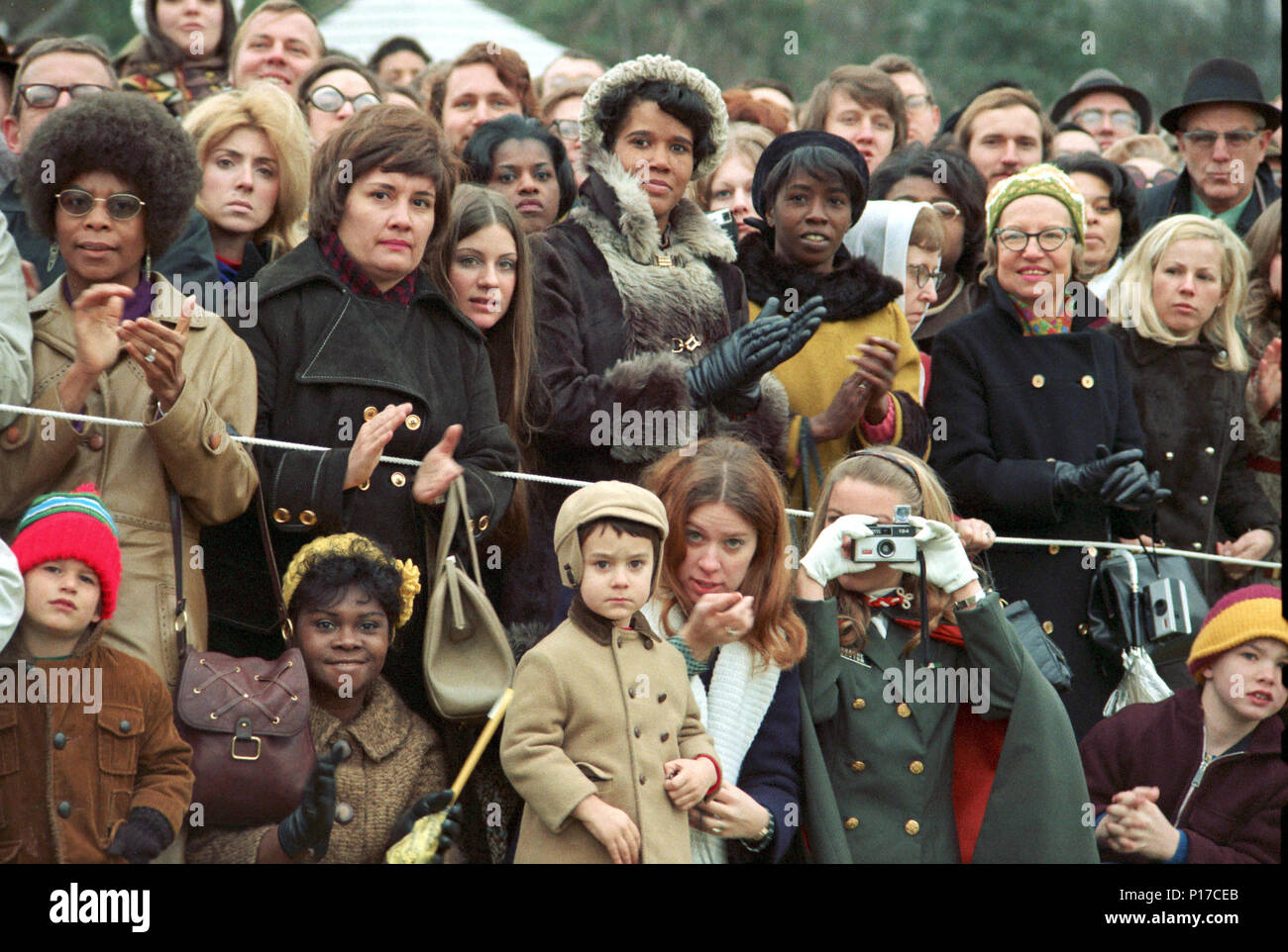 Early 1970s diverse crowd of Richard Nixon supporters Stock Photo