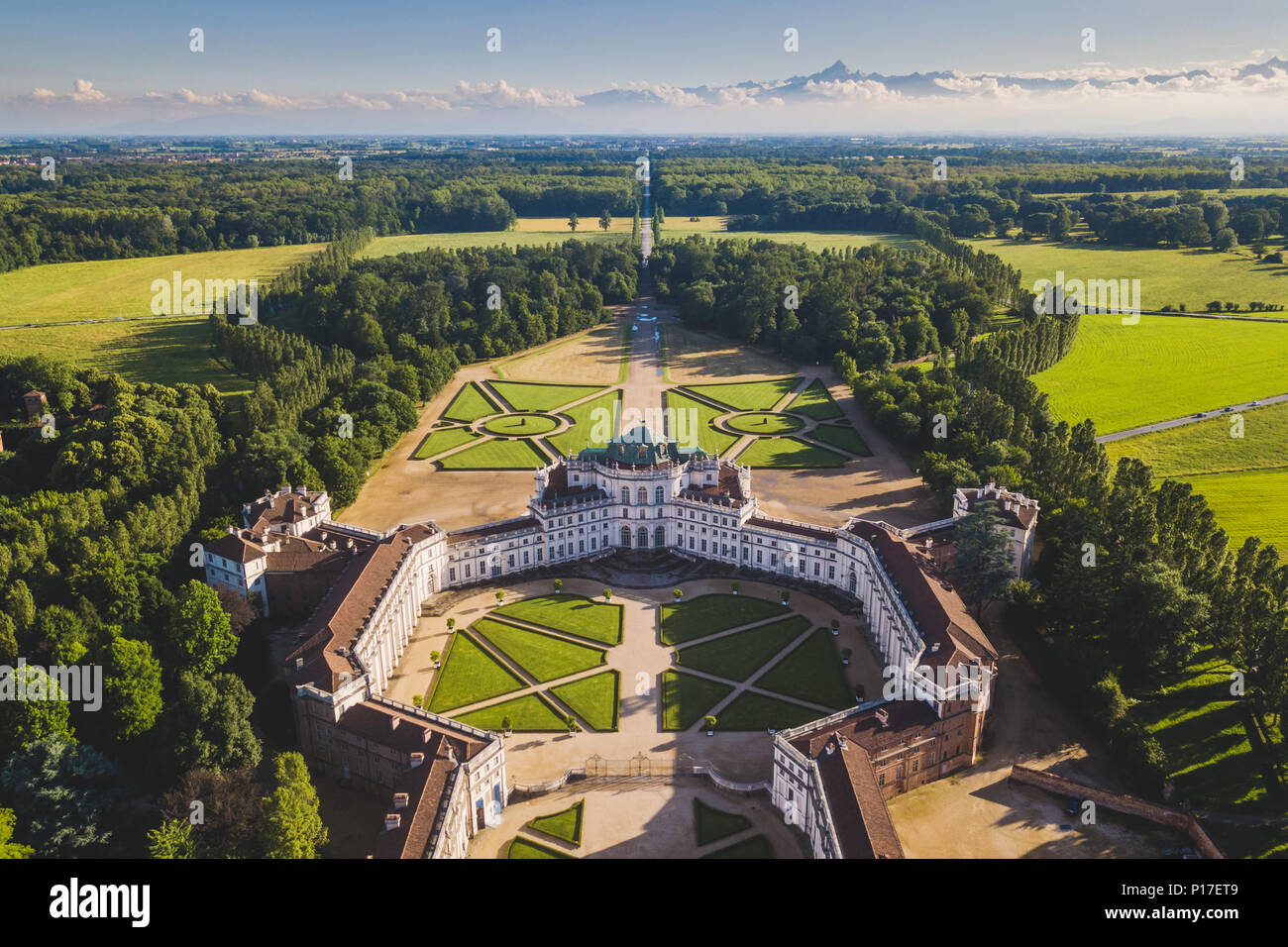 Aerial view of the Palazzina di caccia di Stupinigi, one of the residences  of the Royal House of Savoy in northern Italy, part of the UNESCO World  Heritage Sites list, located near