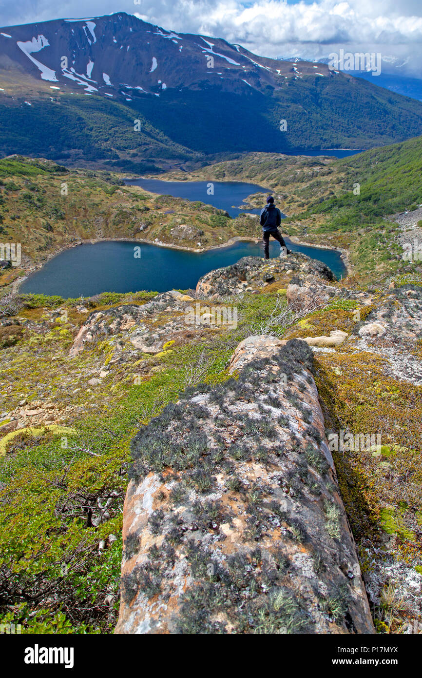 Hiker above Laguna del Salto on the Dientes Circuit, the world's southernmost trek Stock Photo