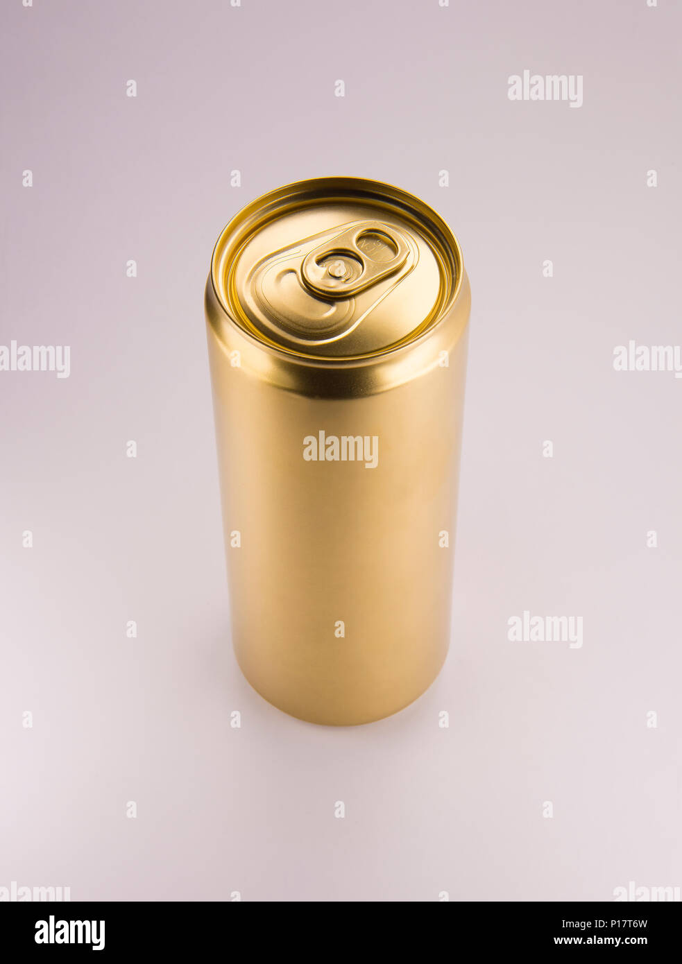 Gold can on white background Stock Photo