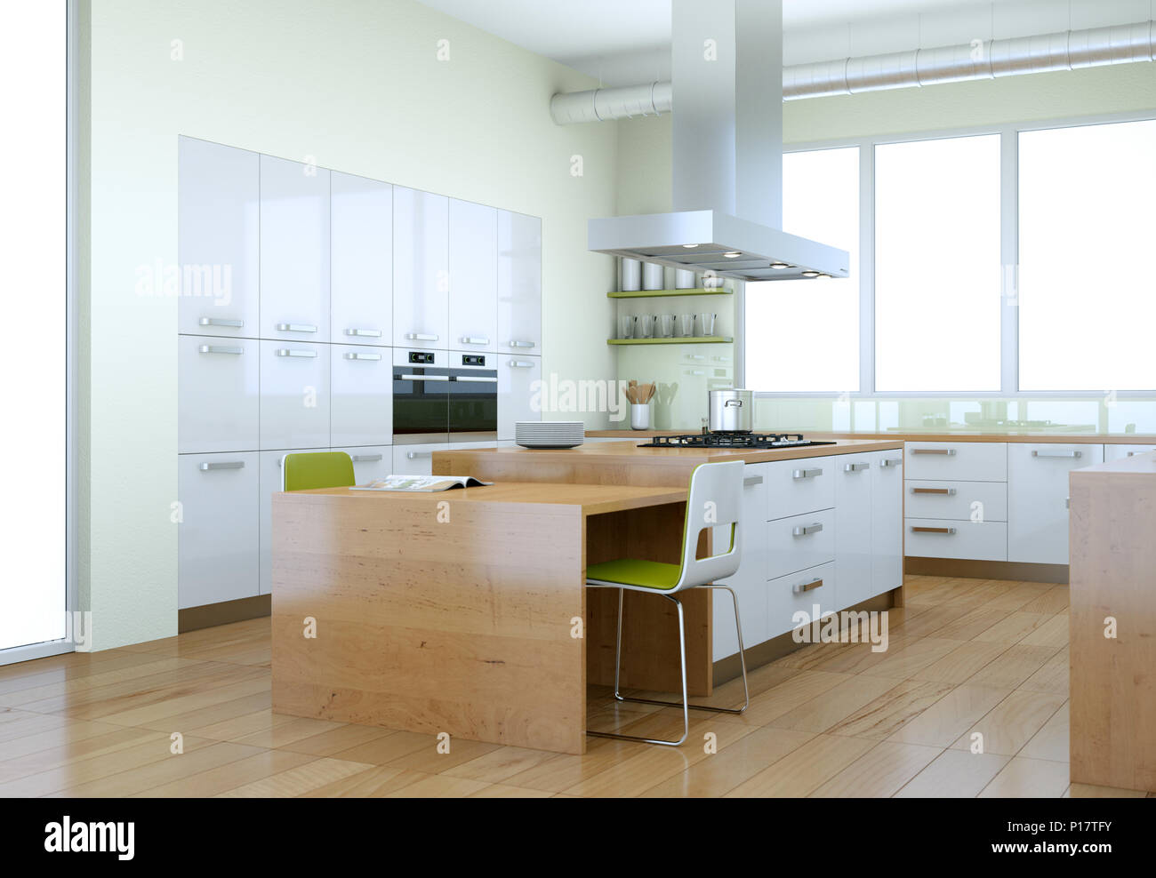 White modern kitchen with green elements interior design Stock Photo ...