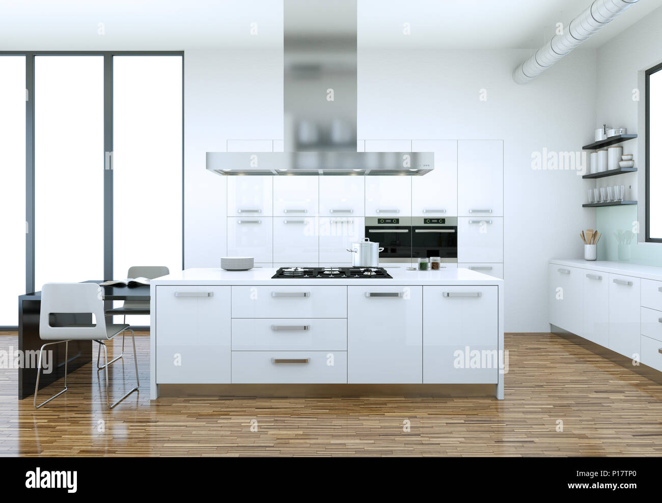 White modern kitchen interior design illustration Stock Photo - Alamy