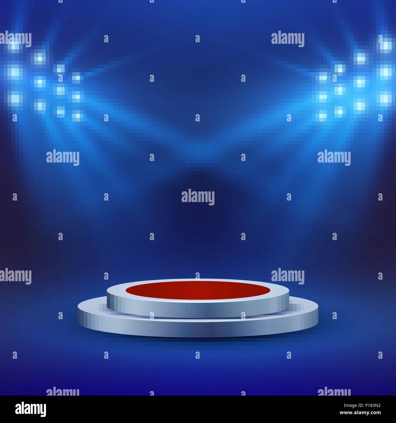 Stage with red carpet and spotlight on blue background. Concert arena or scene. Empty podium. Vector illustration Stock Vector