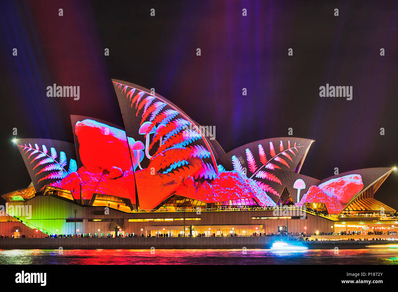 Sydney, Australia - 25 May, 2018: Sydney city landmark of Sydney Opera House at harbour waterfront during annual light show of music, light and ideas  Stock Photo