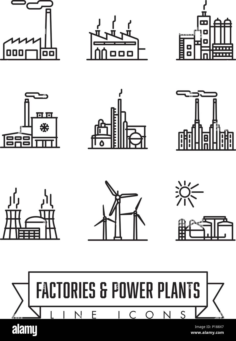 Vector line icons of factories and power plants Stock Vector Image ...