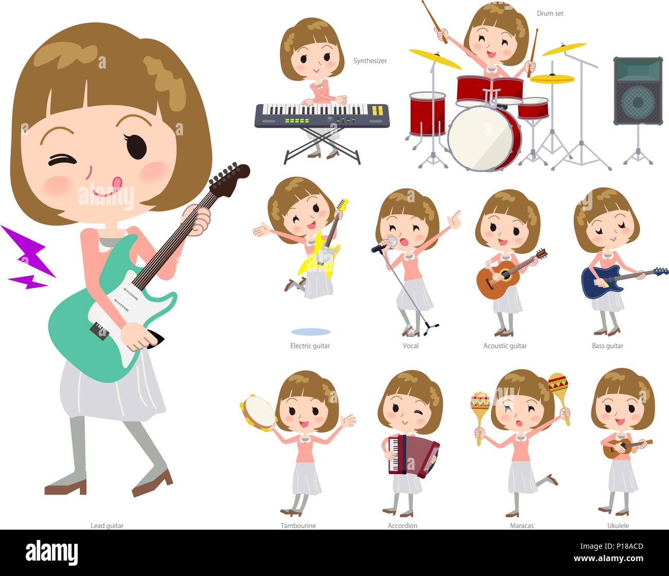 A set of women playing rock 'n' roll and pop music. There are also various instruments such as ukulele and tambourine. It's vector art so it's easy to Stock Vector