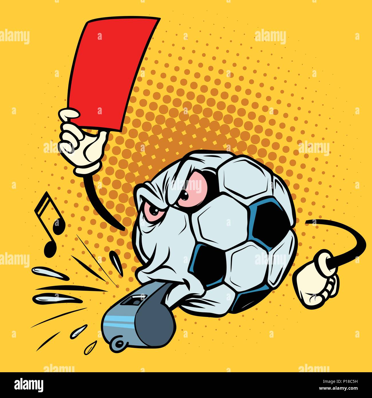 Red card referee whistle. Football soccer ball. Funny character Stock Vector