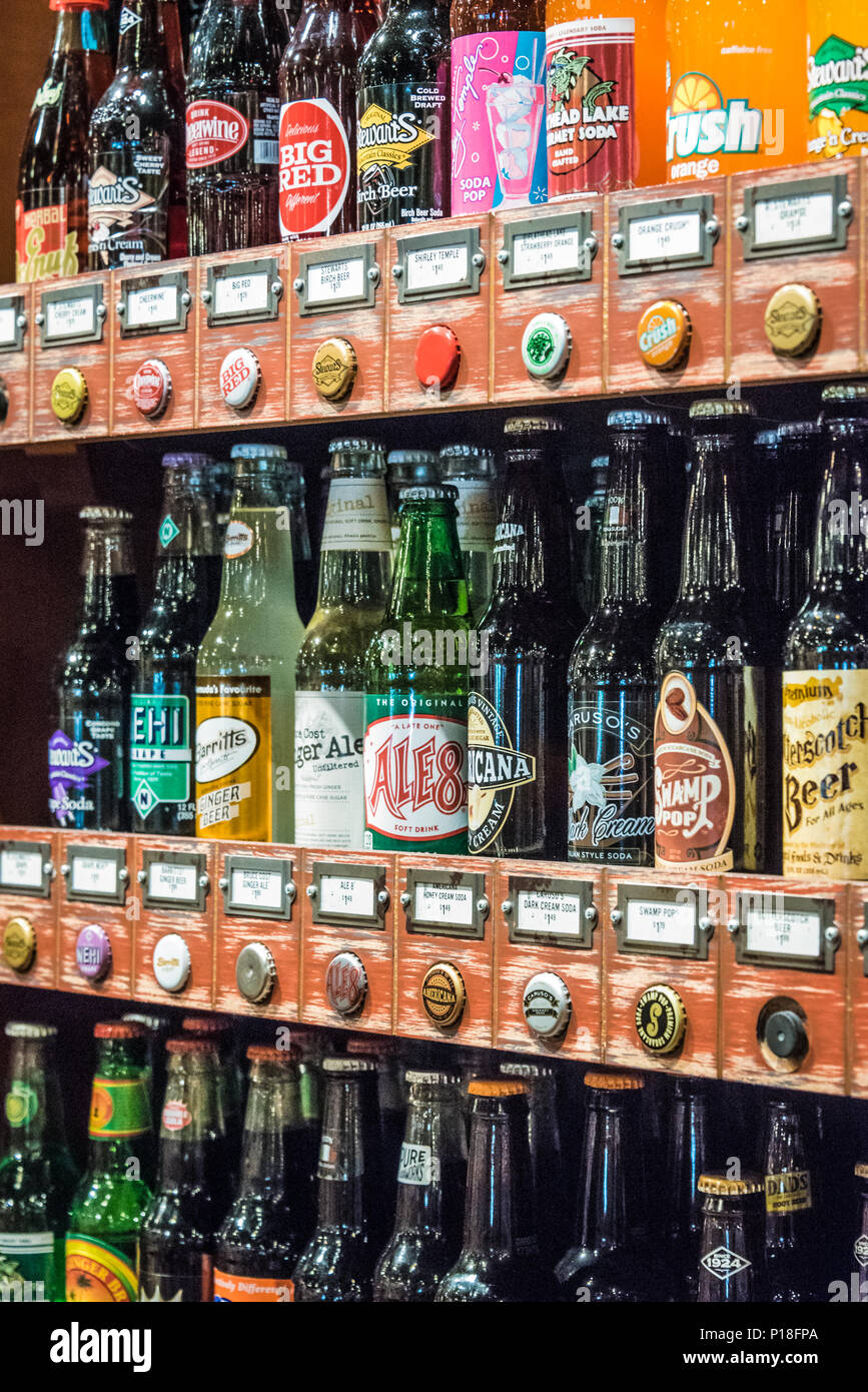 Display of classic bottled soft drinks at Cracker Barrel Old Country Store in Russellville, Arkansas, USA. Stock Photo