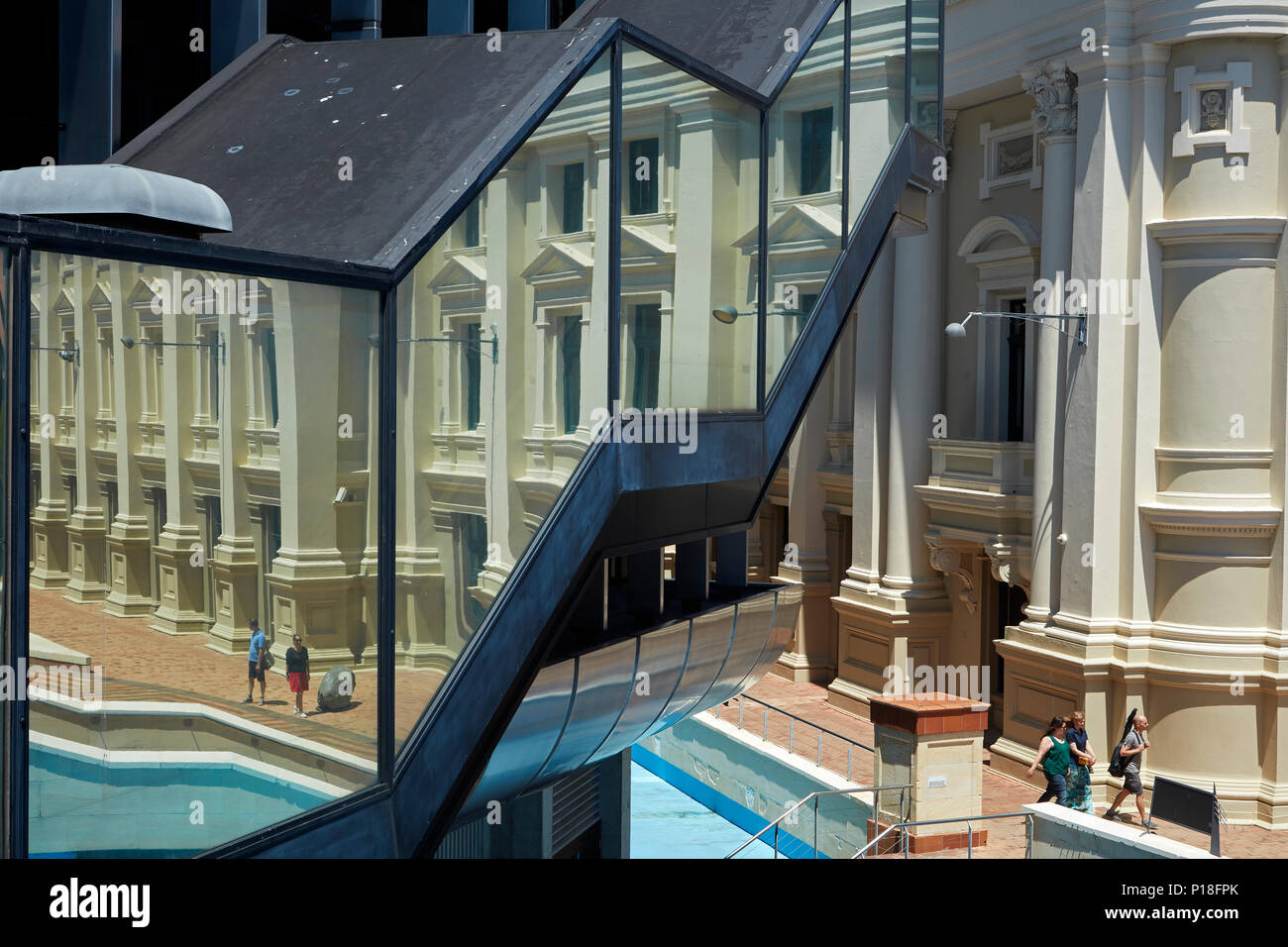 Wellington Town Hall, reflected in Michael Fowler Centre, Civic Square, Wellington, North Island, New Zealand Stock Photo