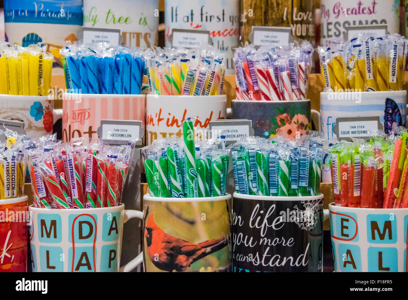 Cracker Barrel collection of old-fashioned hard candy sticks in an assortment of coffee mugs. (USA) Stock Photo