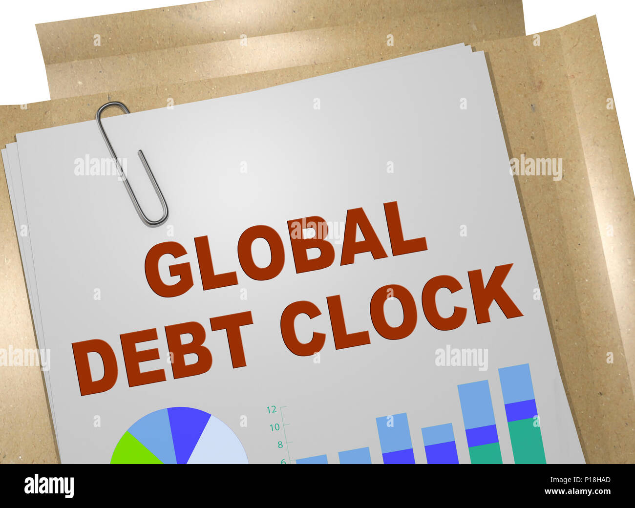 3D illustration of GLOBAL DEBT CLOCK title on business document Stock