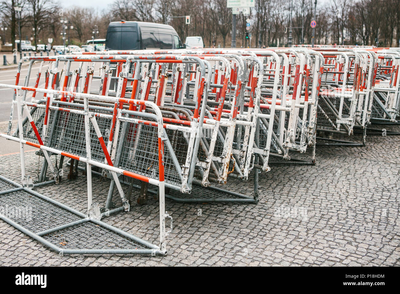 barricades or fences for public actions in Berlin. Fences for demonstration or protest action and protection of law and order. Stock Photo