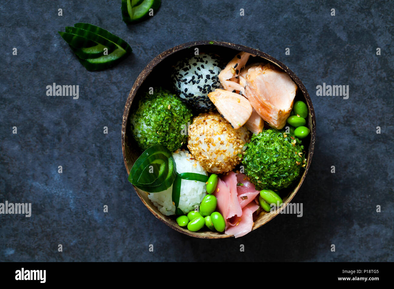Japanese onigiri sushi rice balls with salmon and soy beans Stock Photo Alamy