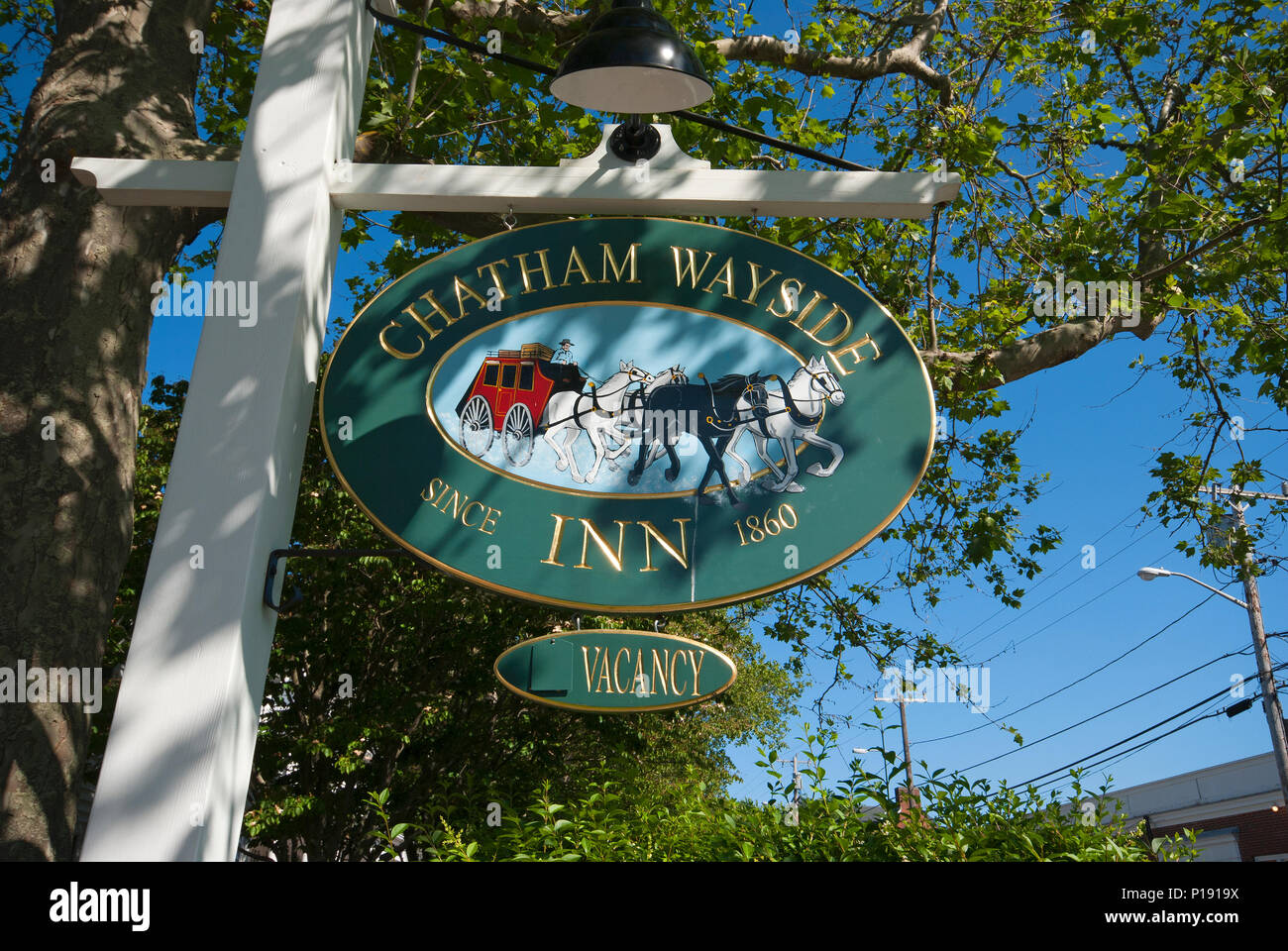 Advertisement sign of Chatham Wayside Inn, Chatham, Barnstable County, Cape Cod, Massachusetts, USA Stock Photo