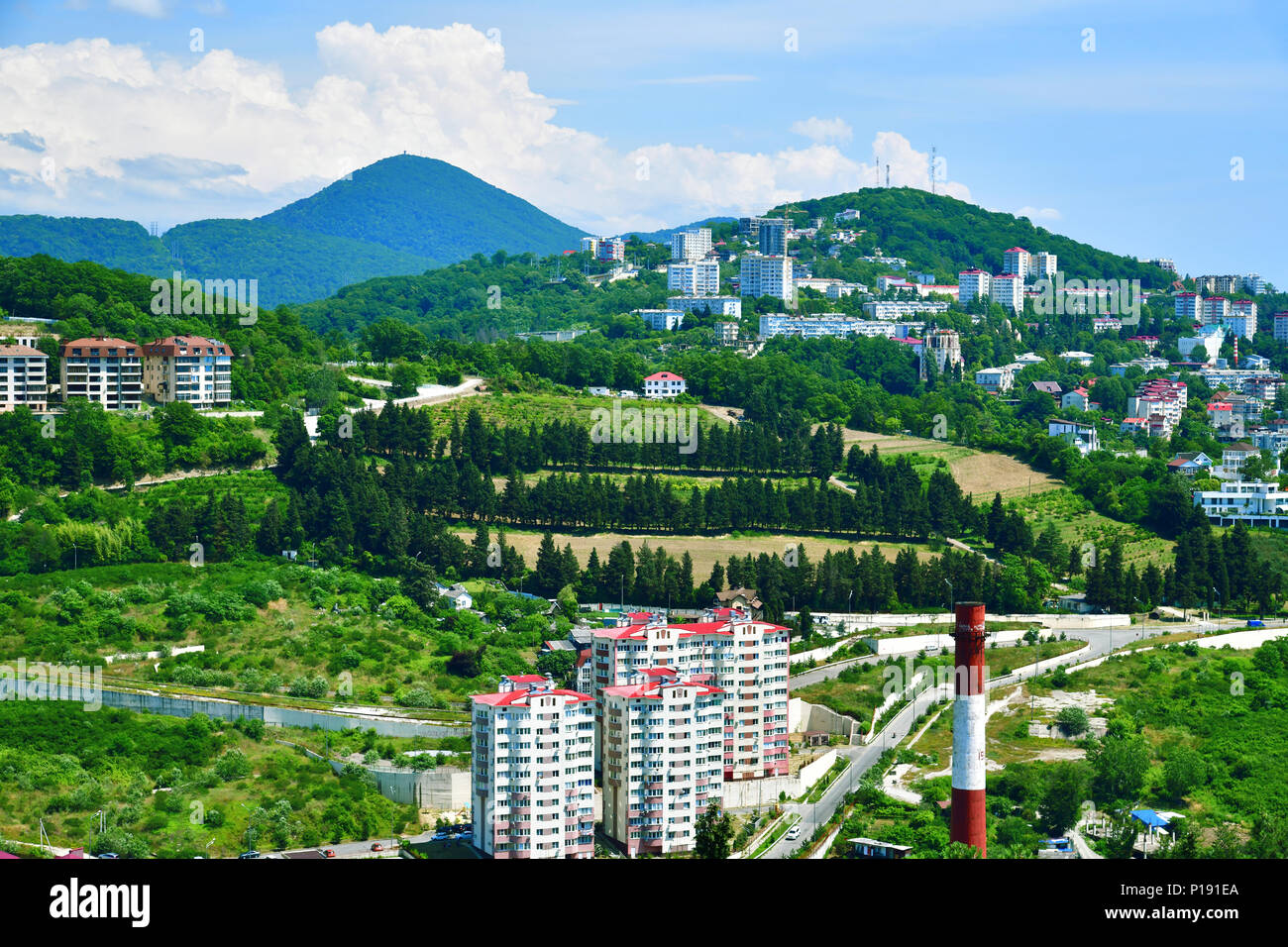 View of Sochi on background of Caucasian mountains in Russia. Stock Photo