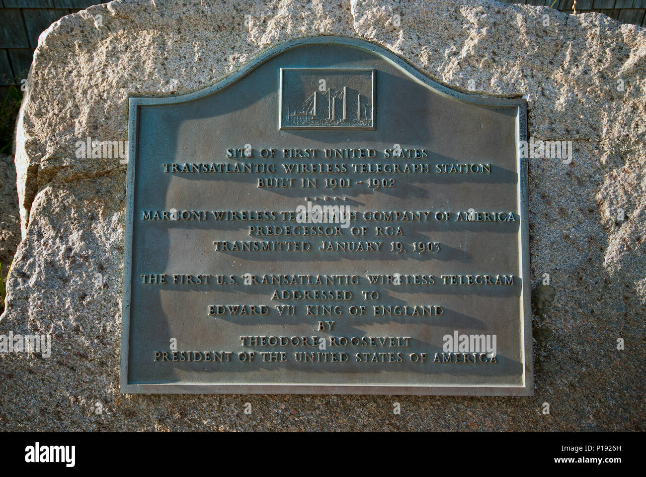 Commemorative plaque at Marconi Transatlantic Wireless Telegraph Station, Wellfleet, Barnstable County, Cape Cod National Seashore, Massachusetts, USA Stock Photo