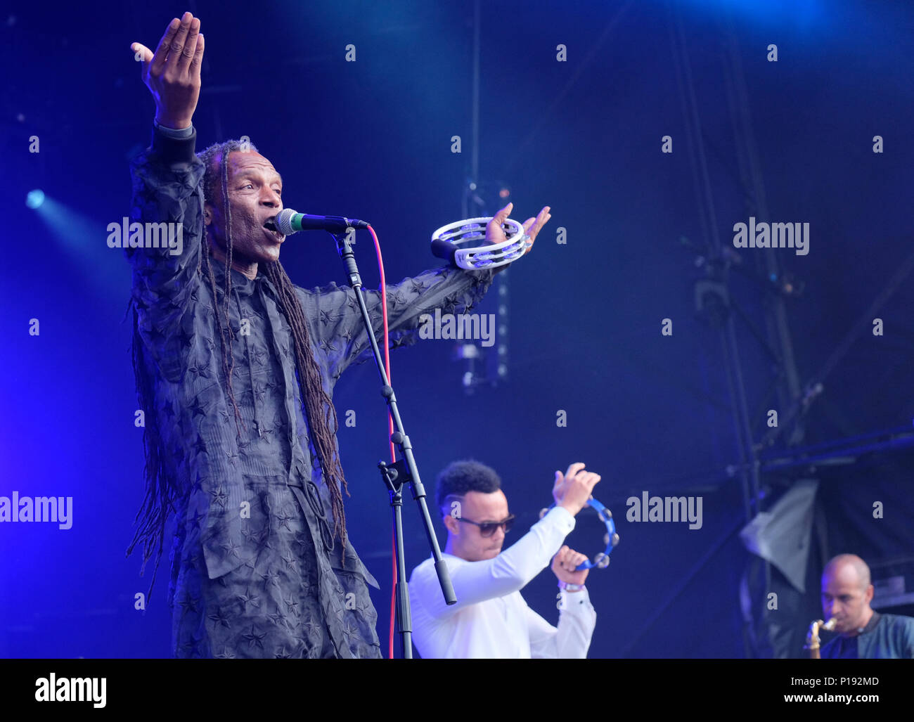 Ranking Roger (Roger Charley) and Ranking Junior of The Beat performing at the Wychwood Festival, Cheltenham, UK. June 3, 2018 Stock Photo
