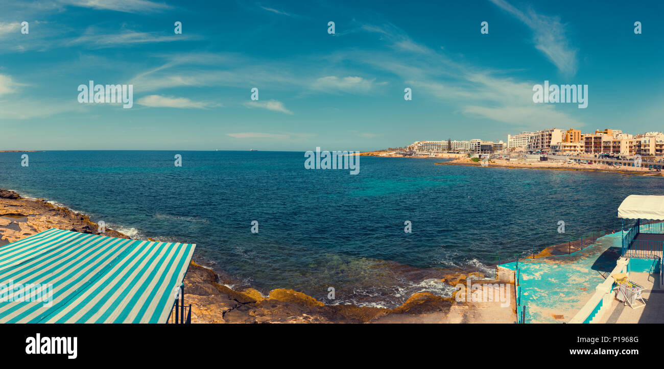 Saint Paul's bay colorful panorama from Bugibba, Malta, EU Stock Photo