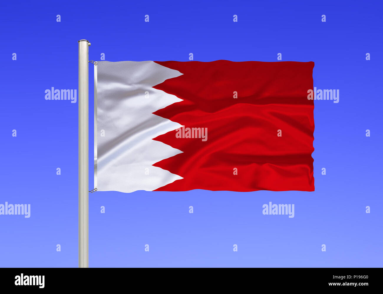 Flag of Bahrain. Kingdom, consists of 33 islands, Bay on the Persian Gulf,, Flagge von Bahrain. Koenigreich, besteht aus 33 Inseln, Bucht am Persische Stock Photo