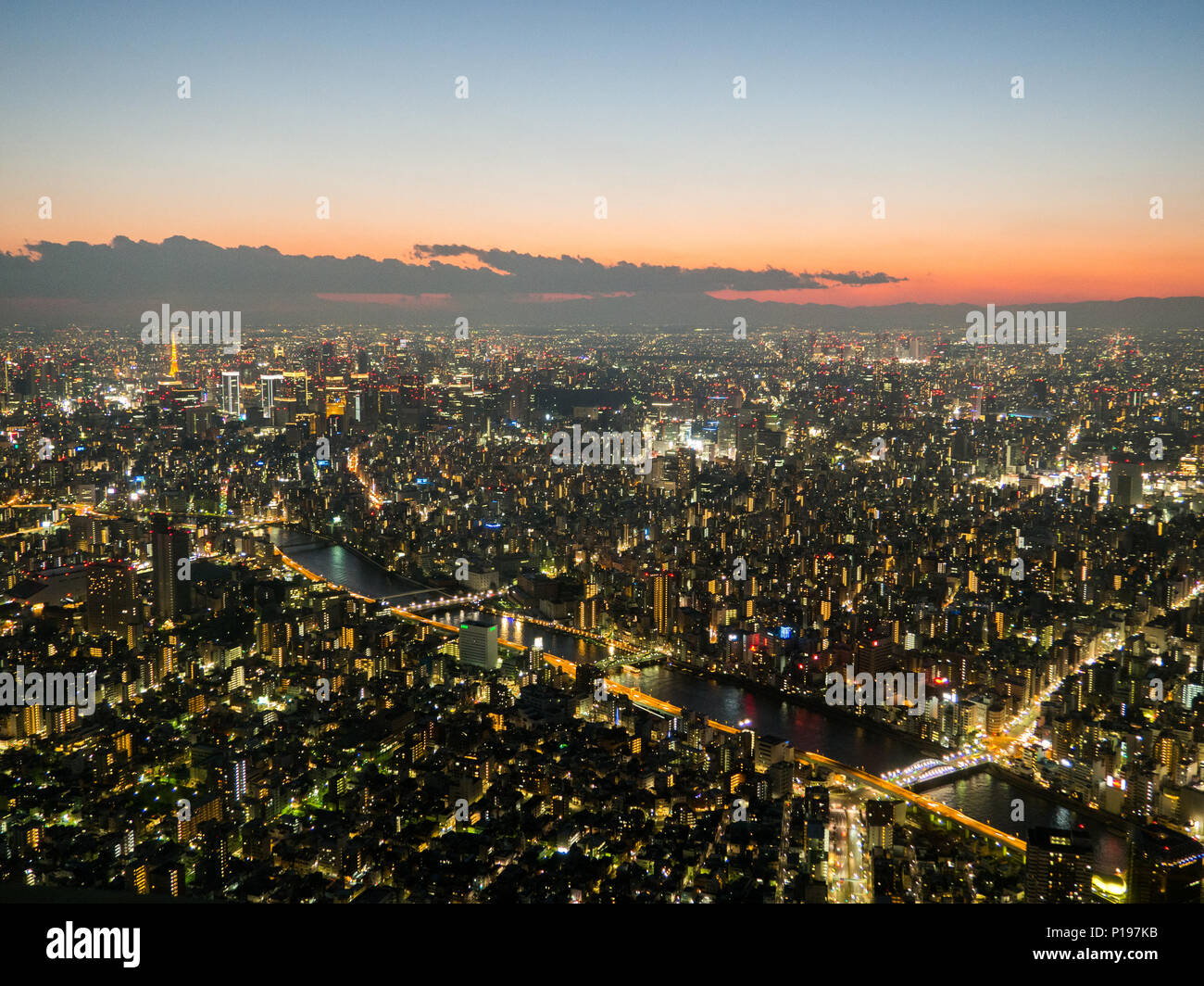 Tokyo Japan Aerial Cityscape View of Tokyo Tower At Dusk Sunset Stock Photo