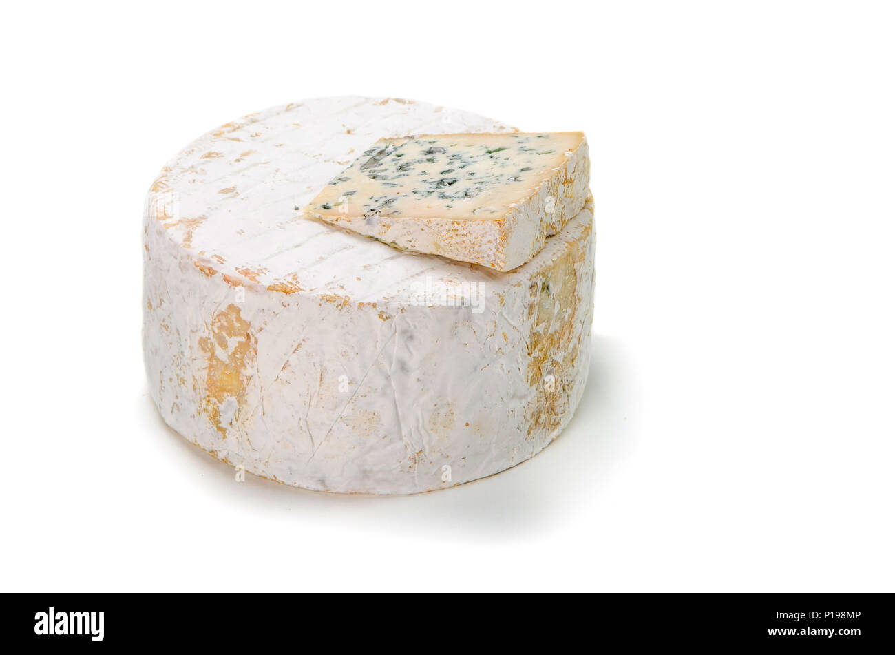 Cheese from Savoy, “Bleu de chevre” goat’s milk cheese. Portion Stock