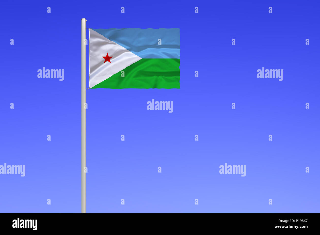 Flag of Djibouti, Republic in East Africa, bordering the Gulf of Aden,, Flagge von Dschibuti, Republik in Ostafrika, grenzt an den Golf von Aden, Stock Photo