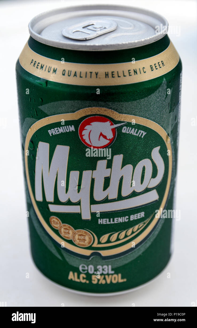 Can of Mythos, Greek Beer Stock Photo Alamy