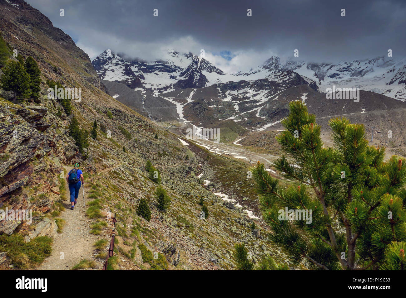 Female hiker on marked trail Saas Grund, Saastal, Switzerland, Kreuzboden Hohsaas cable car, Stock Photo