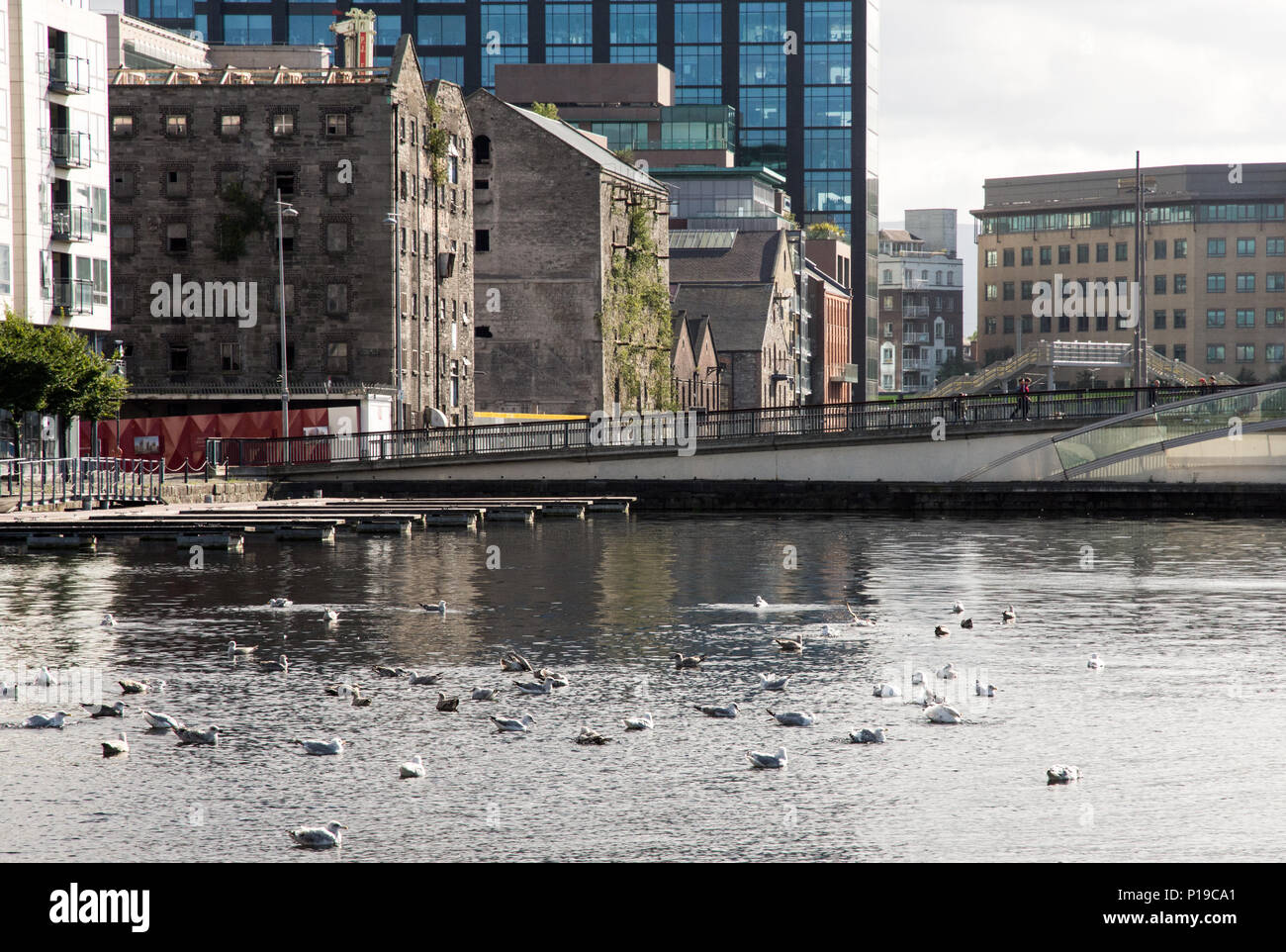 Dublin, Ireland - September 17, 2016: Old warehouses and modern office and apartment buildings side-by-side on the Grand Canal Dock in Dublin's regene Stock Photo