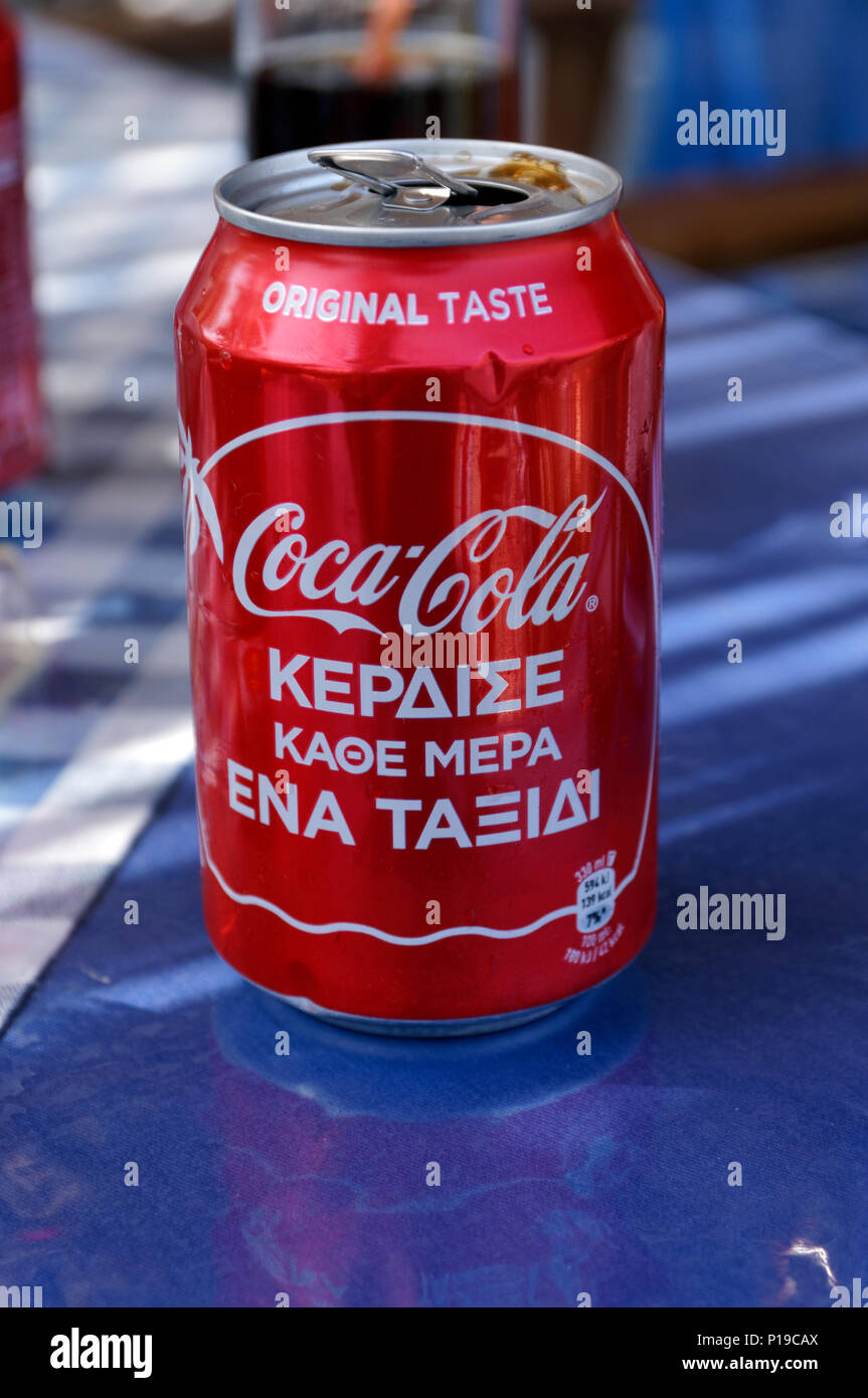 Can of Greek Coca Cola. Stock Photo