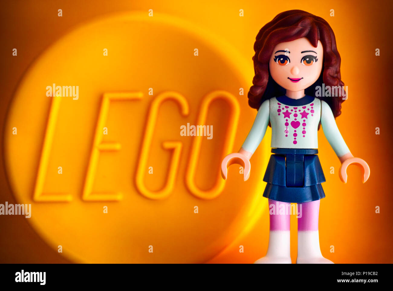 Tambov, Russian Federation - May 20, 2018 Lego Friends girl minifigure  against yellow background with word LEGO. Studio shot Stock Photo - Alamy