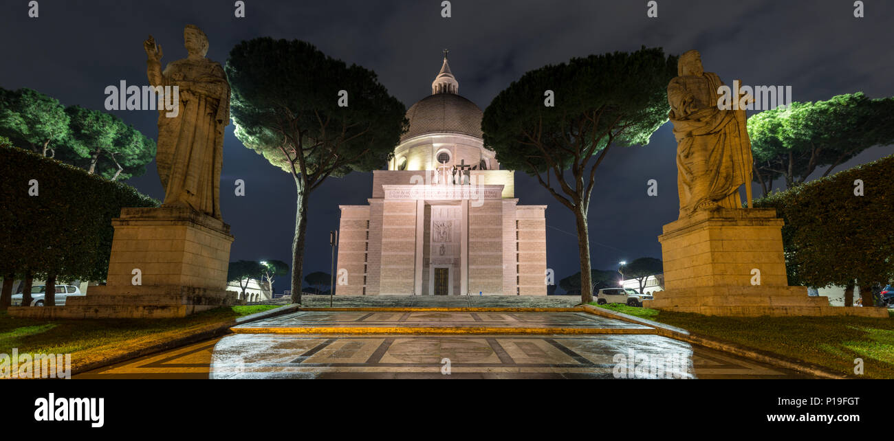 Rome, Italy - March 26, 2018: Saints Peter and Paul stand outside the modern Basilica dei Santi Pietro e Paolo church in the EUR neighbourhood of Rome Stock Photo